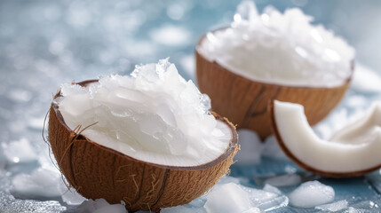 Halved coconuts with fresh coconut oil on ice.