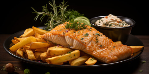 Elegant food dish of fresh salmon and chips