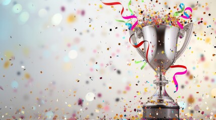 wide banner featuring a golden championship cup with sparkling confetti and ribbon decorations