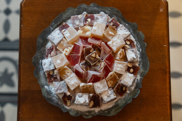 Colorful Turkish Delights (Türk Lokumu) Ottoman Cuisine Dessert Background Photo, Uskudar Istanbul, Turkiye (Turkey)
