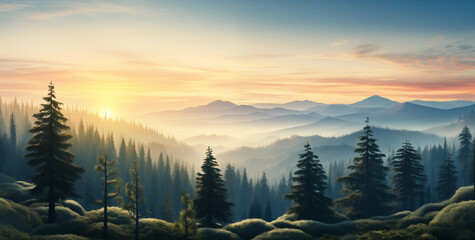 sunrise in the misty mountains