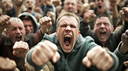 Angry crowd of people protesting with raised fists.