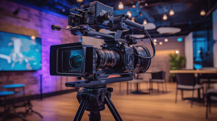A camera on a tripod in a news studio live