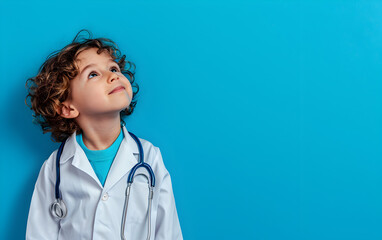 Curious Little Boy in a Lab Coat on Blue Background - obrazy, fototapety, plakaty