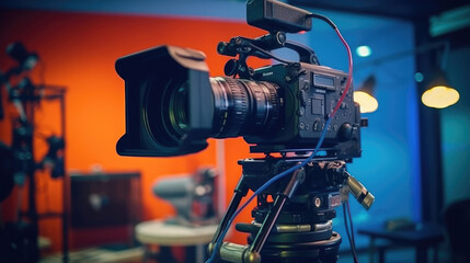 A camera on a tripod in a news studio live