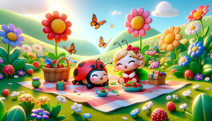 The Little Ladybug's May Delight  A Joyful Picnic Among Colorful Flowers and Butterflies