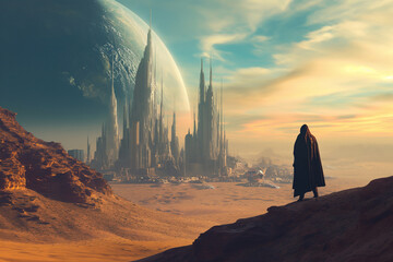 researcher of new worlds against the background of an inspiring futuristic alien landscape with a city in the desert - obrazy, fototapety, plakaty