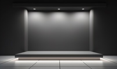 A minimalist empty stage with black walls and white lights from above. generative AI