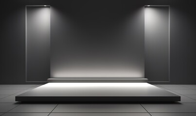 A minimalist empty stage with black walls and white lights from above. generative AI