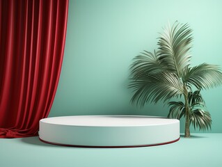 Obraz premium A miniature circular stage decorated with palm leaves with a curtain behind it. generative AI