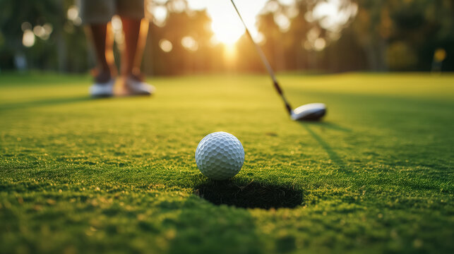 Golf ball on green verge of dropping into hole.