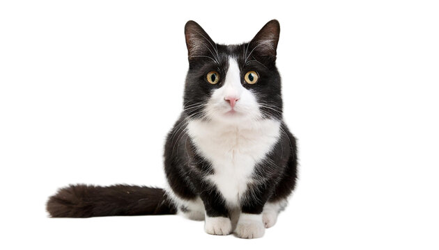 Black and white cat sitting on the floor and looking at camera, isolated on transparent background