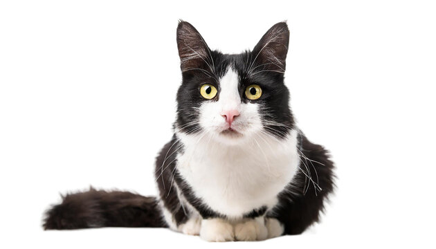 Black and white cat sitting on the floor and looking at camera, isolated on transparent background
