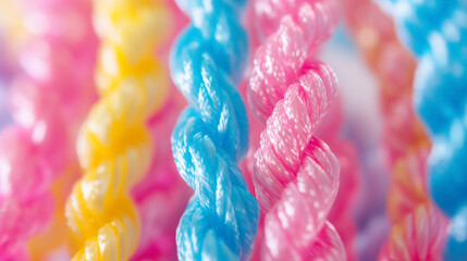 Close-up of colorful twisted ropes in a pattern. - obrazy, fototapety, plakaty