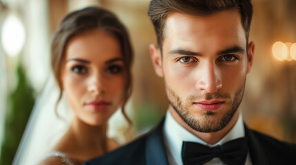 Bride and groom in a focused, intimate portrait.