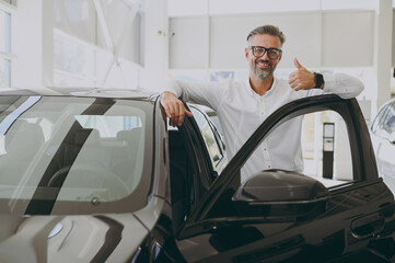Adult happy man customer male buyer client wearing shirt open door get into car show thumb up...