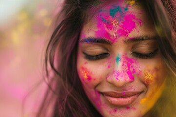 Indian woman with colorful holi powder at a holi festival, candid portrait