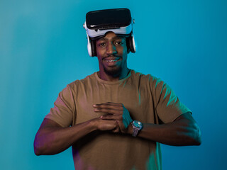 In an avant-garde scene, an African American man engages in cutting-edge virtual reality gaming,...