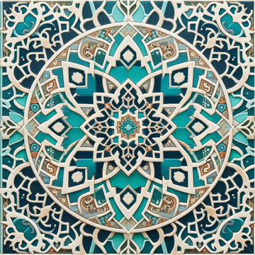 Islamic style geometric mosaic in a Moroccan style pattern, decorative zellige tiles, generative ai