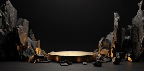 The mini stage is circular in shape with gold color and black stone decoration on the side. generative Ai