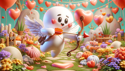 The Little Ghost as Cupid in a Heart-Filled Garden