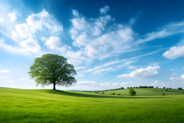 Fototapeta na wymiar tree on a hill with blue sky and cloud background