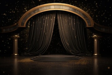 An empty stage decorated with black curtains and gold arches with sparkling light splash effects. generative AI