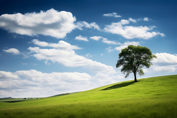 Fototapeta na wymiar tree on a hill with blue sky and cloud background