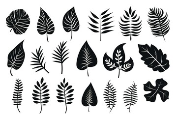 Set of tropical leaves silhouettes. Collection palm leaves. Jungle exotic leaves and botanical plants. Vector illustration. Generative Ai