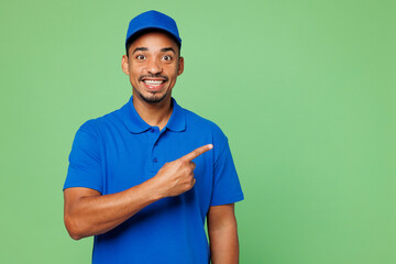 Professional delivery guy employee man he wear blue cap t-shirt uniform workwear work as dealer...