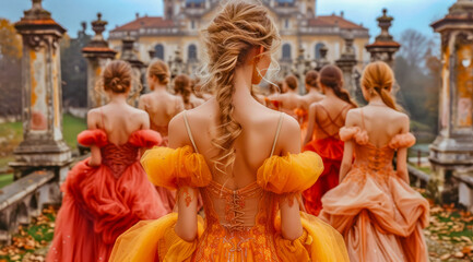 Fototapeta premium A woman in an orange dress facing away, overlooking a castle garden, AI generated