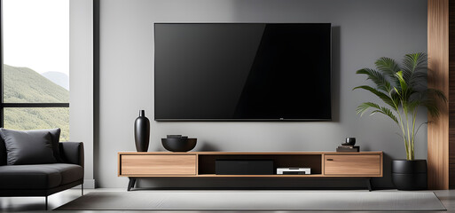 Modern Flat screen tv, front view, minimalism house.