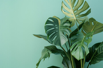 tropical leaf on green background with space for text