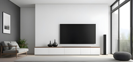 Modern Flat screen tv, front view, minimalism house.