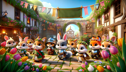 Joyous Medieval Spring Festival: Animal Knights Celebrating with Flowers and Games