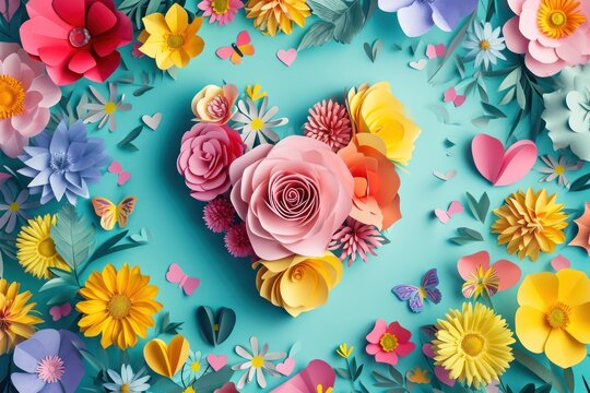 Heart shaped paper, bright flowers, wallpaper