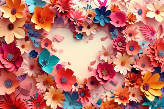 Heart shaped paper, bright flowers, wallpaper