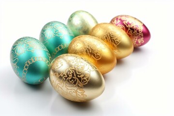 Colorful Easter eggs on white background. Decorative foil wrapping. 3D-rendered image. Generative AI