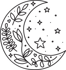 Vector illustration of moon with plants and stars in doodle childish style. Contour sketch. 