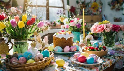 A table with Easter decorations with Easter-themed sweets and flowers