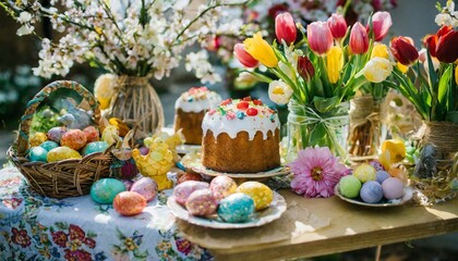 A table with Easter decorations with sweets and flowers on the Easter theme