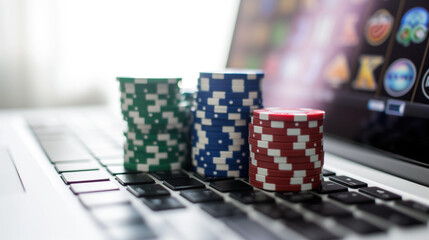 Fototapeta premium casino poker chips on laptop keyboard