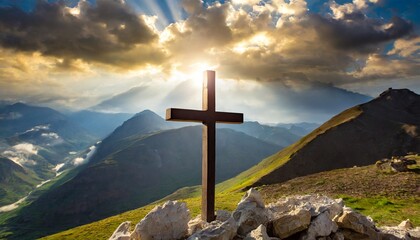 Cross in the mountains theme Easter Jesus rebirth