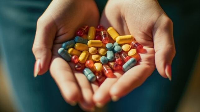 Close - up photo of Woman's hands holding different pills