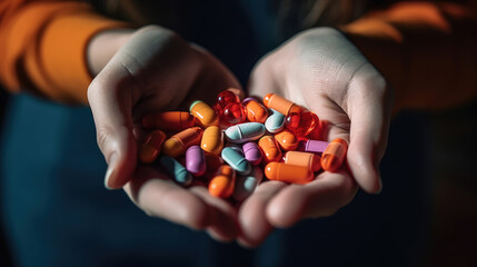 Close - up photo of Woman's hands holding different pills