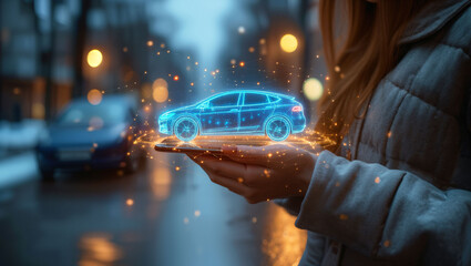 A woman is hailing a taxi using an app that has a hologram showing the vehicle - obrazy, fototapety, plakaty
