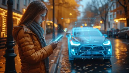 A woman is hailing a taxi using an app that has a hologram showing the vehicle - obrazy, fototapety, plakaty