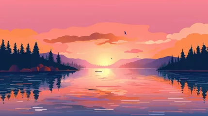 Behangcirkel Sunset at Lake illustration © Thanos