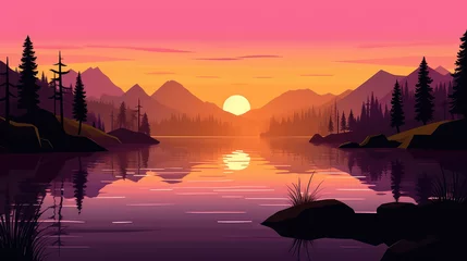 Tuinposter Sunset at Lake illustration © Thanos