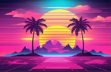 Wall murals Pink Synthwave retro style neon landscape background